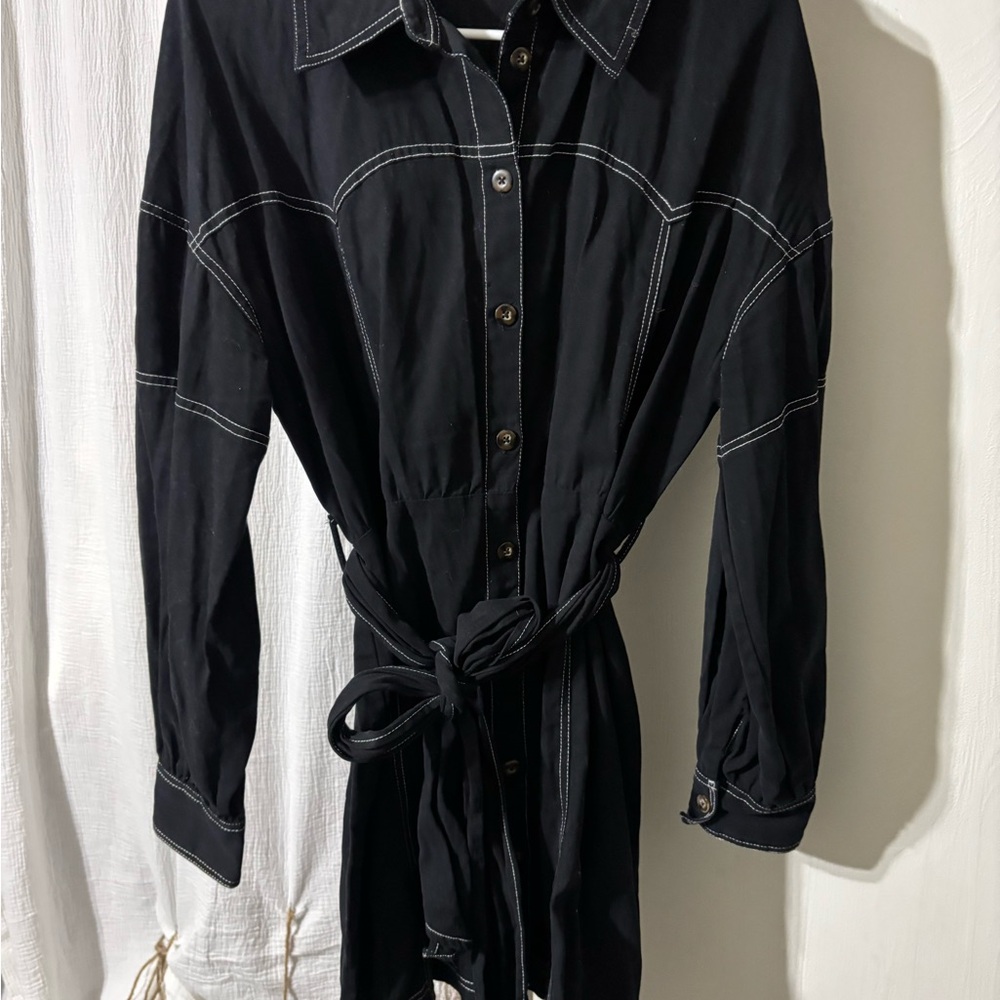 Black Button-Up Dress with Tie Waist